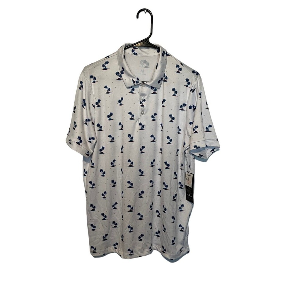 Caddy Cart Polo Shirt Mens Medium White Golf Performance Stretch Palm Tree NEW